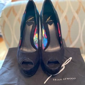 Brian Atwood Blayne Snakeskin Peep Toe Platforms